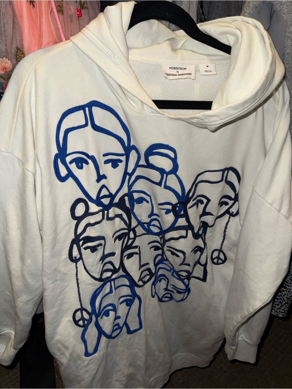 Nordstrom Cream Hoodie with Blue & Navy Abstract Face Embroidery